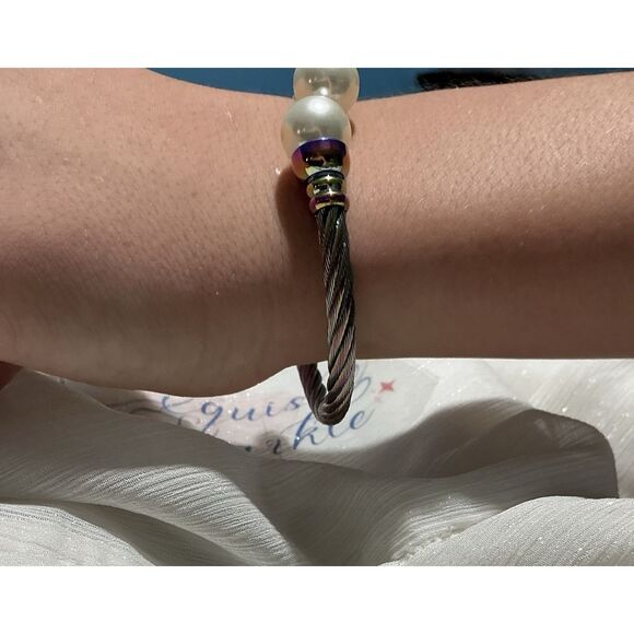 🌈 Iridescent Pearl Cuff Bracelet – Stainless Steel Rainbow Cable Design” - Picture 5 of 16
